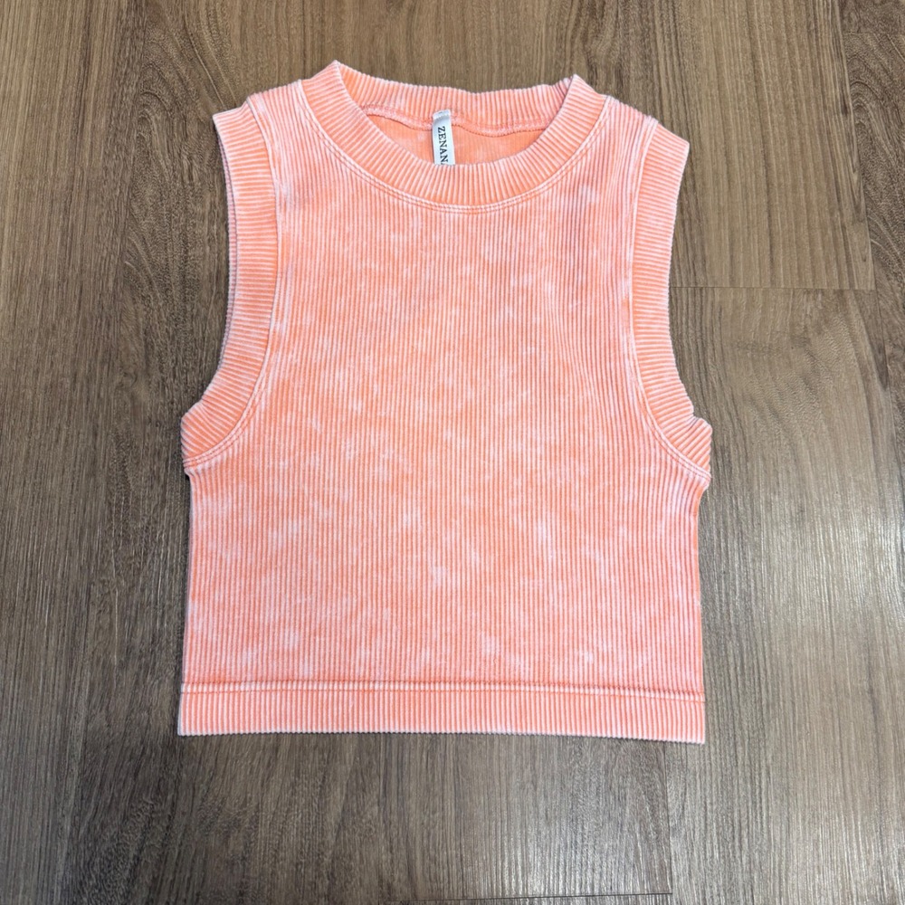 Zenana Ribbed Mineral Wash Crop Top Coral Orange Sleeveless Tank L/XL NTW-6164A